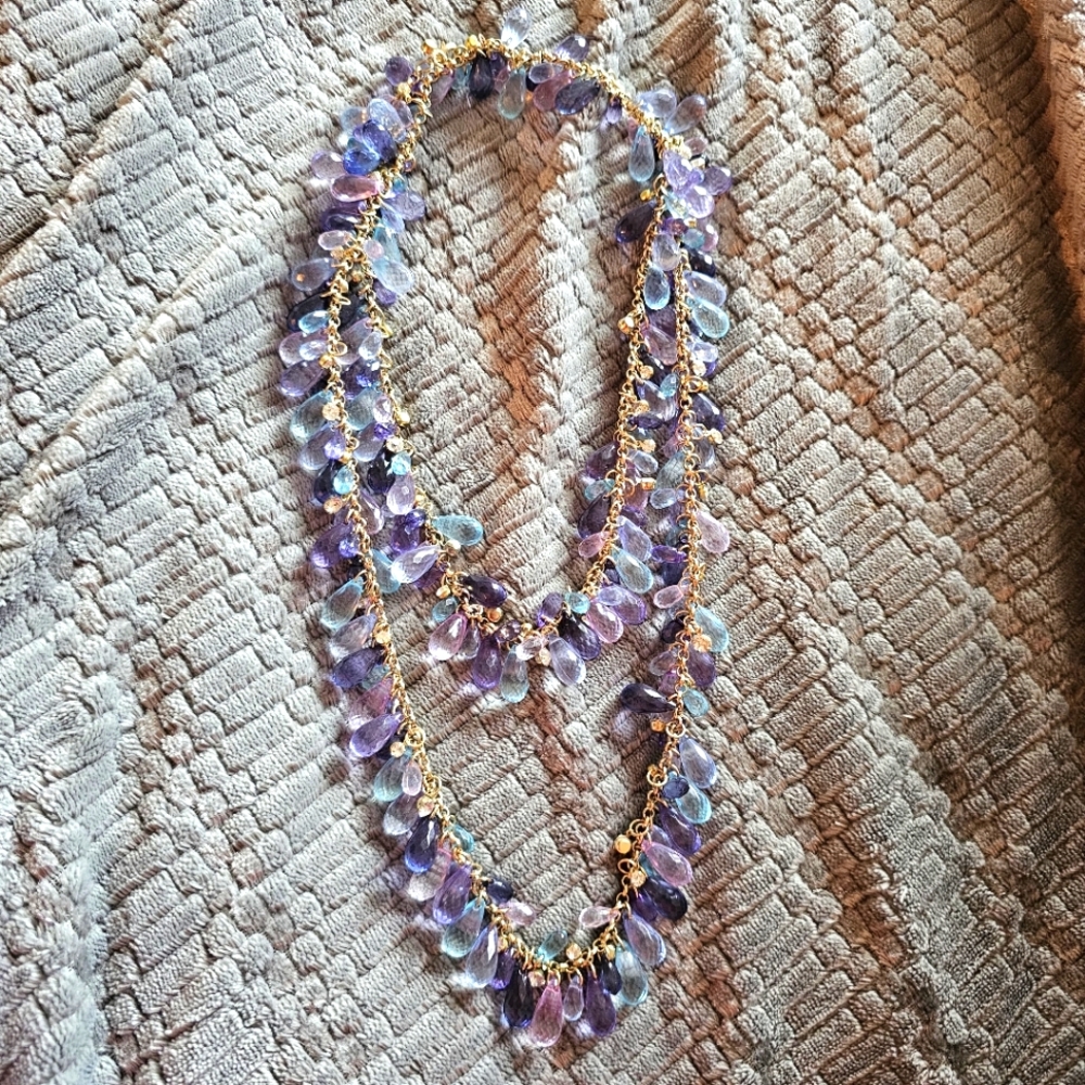 Elegant Gold Rhinestone Purple and Teal Beaded Teardrop Necklace 40-44 Inches